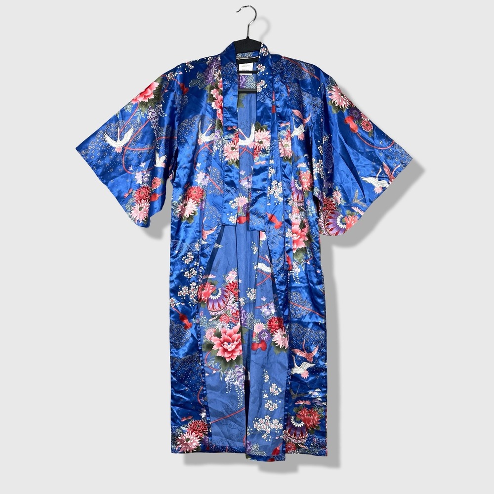 Unbranded Kimono Robe Women M Blue Floral Crane Satin Japanese Aesthetic W/ Belt
